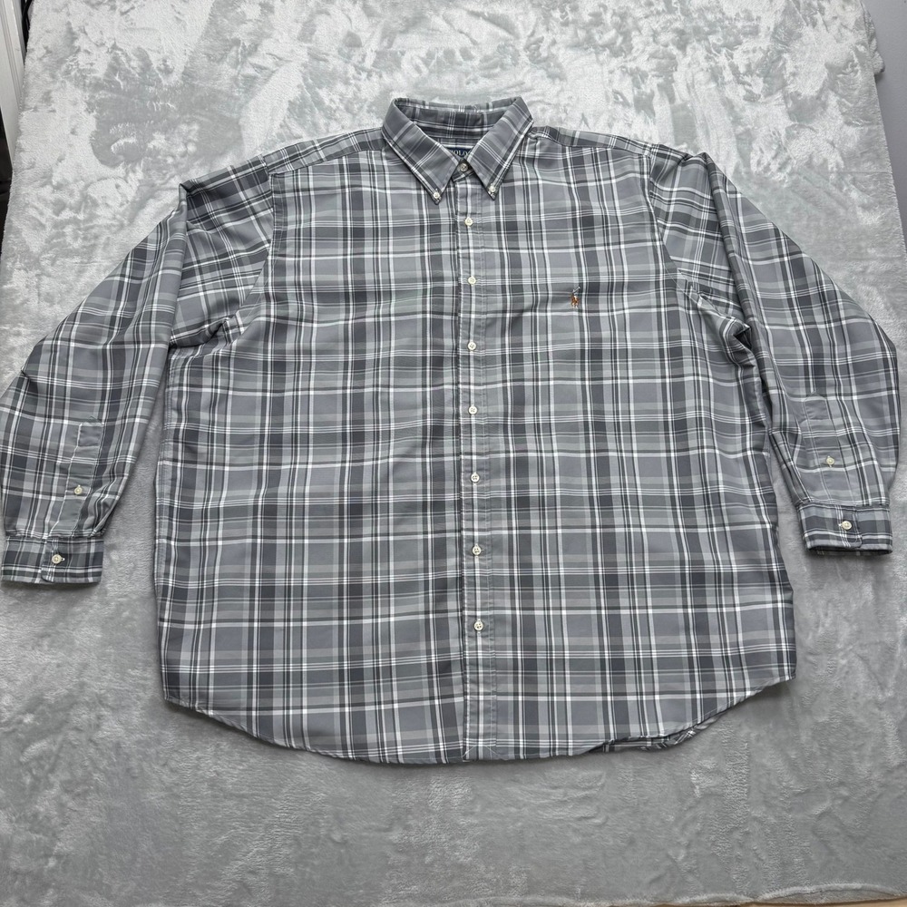 Polo Ralph Lauren Button Down Shirt Mens 2XB Gray Plaid Performance Long Sleeve